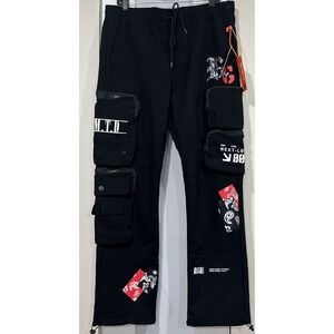 RGSTR Men's XL Black Graphic Cargo Pants Multi Pocket Drawstring NWT